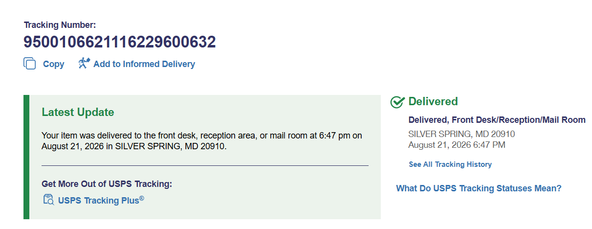 Delivered – Silver Spring, MD